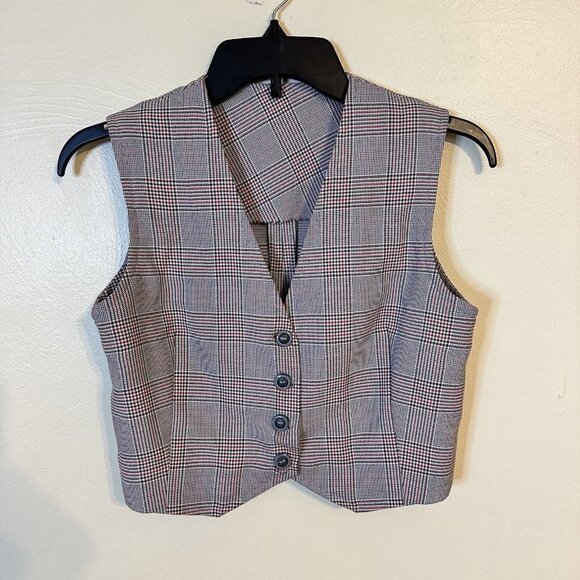 Unbranded Tops - Vintage Womens White Red & Black Plaid Cropped Vest XS Button Front 1990s